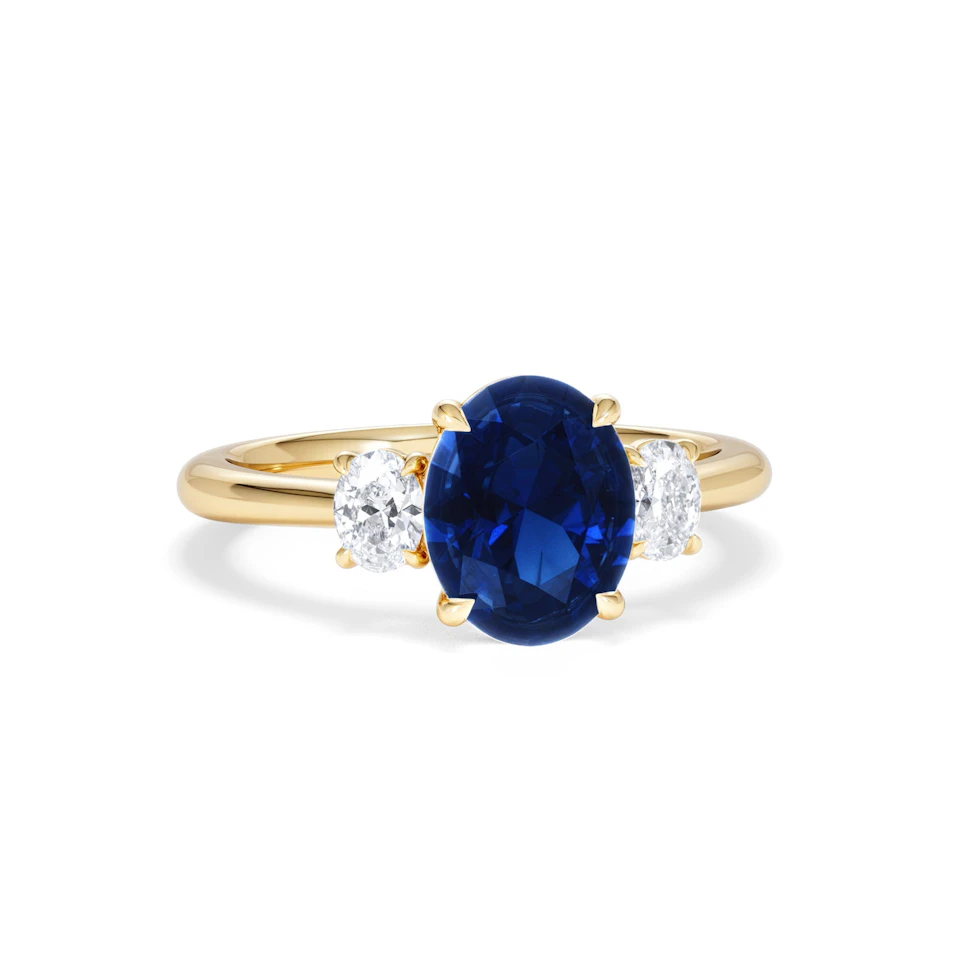 Solene 2.00ct Oval Cut Lab Sapphire and Lab Diamond 3 Stone Engament Ring in 18K Yellow Gold