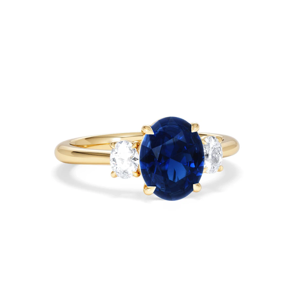 Solene 2.00ct Oval Cut Lab Sapphire and Lab Diamond 3 Stone Engament Ring in 18K Yellow Gold