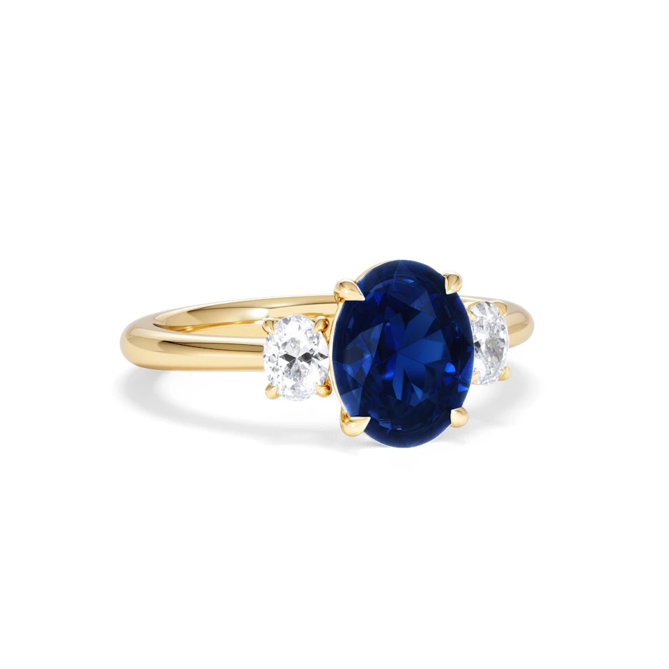 Solene 2.00ct Oval Cut Lab Sapphire and Lab Diamond 3 Stone Engament Ring in 18K Yellow Gold