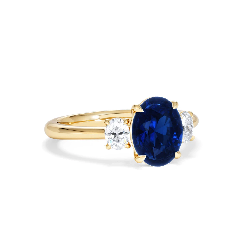 Solene 2.00ct Oval Cut Lab Sapphire and Lab Diamond 3 Stone Engament Ring in 18K Yellow Gold