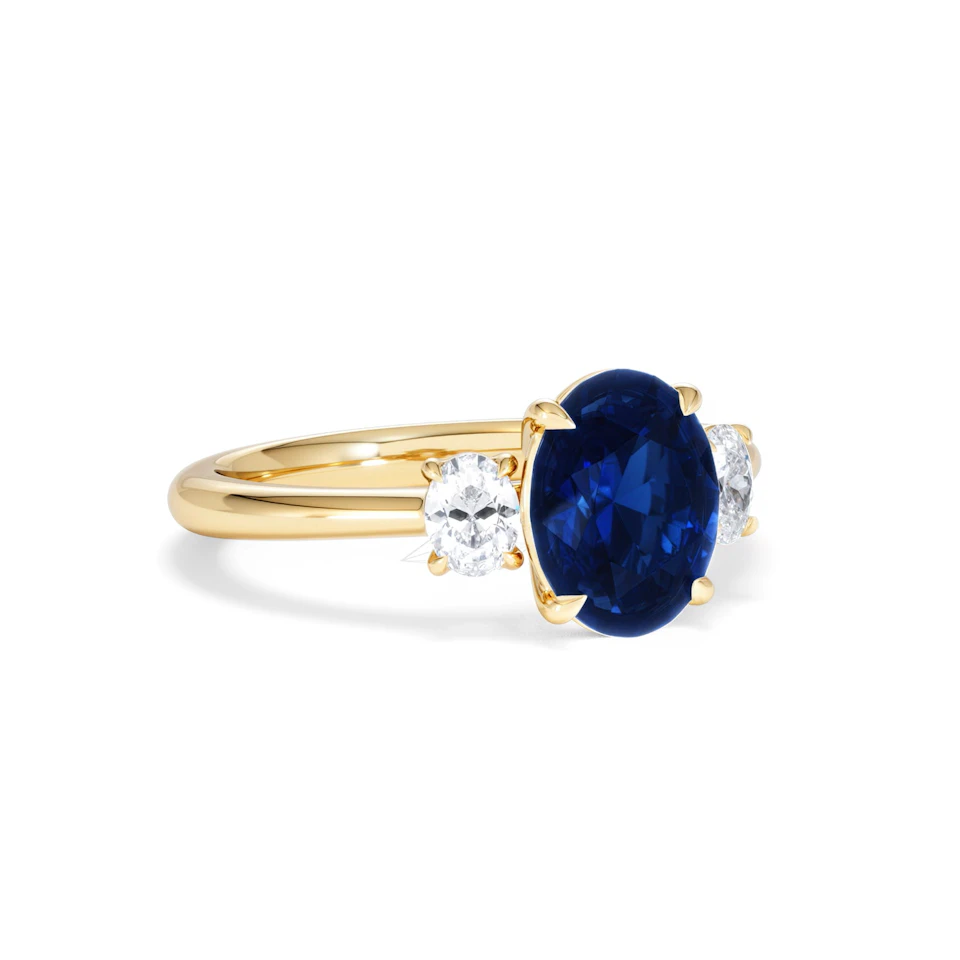 Solene 2.00ct Oval Cut Lab Sapphire and Lab Diamond 3 Stone Engament Ring in 18K Yellow Gold