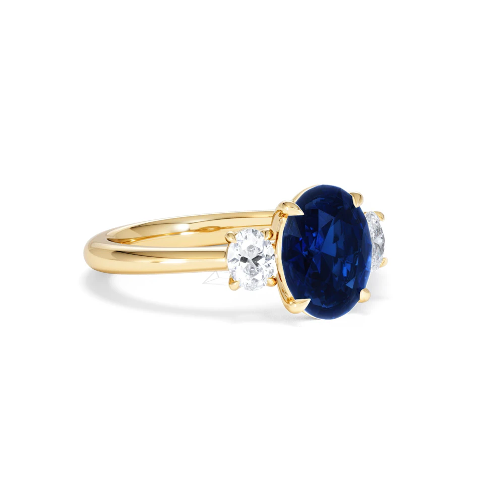 Solene 2.00ct Oval Cut Lab Sapphire and Lab Diamond 3 Stone Engament Ring in 18K Yellow Gold