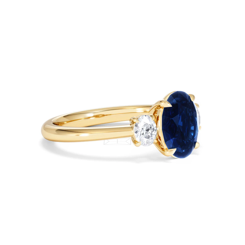 Solene 2.00ct Oval Cut Lab Sapphire and Lab Diamond 3 Stone Engament Ring in 18K Yellow Gold