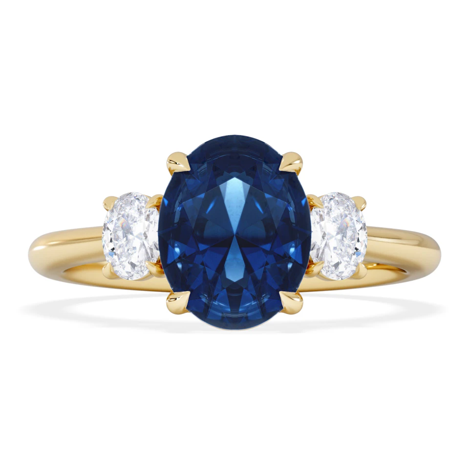 Solene 2.00ct Oval Cut Lab Sapphire and Lab Diamond 3 Stone Engament Ring in 18K Yellow Gold