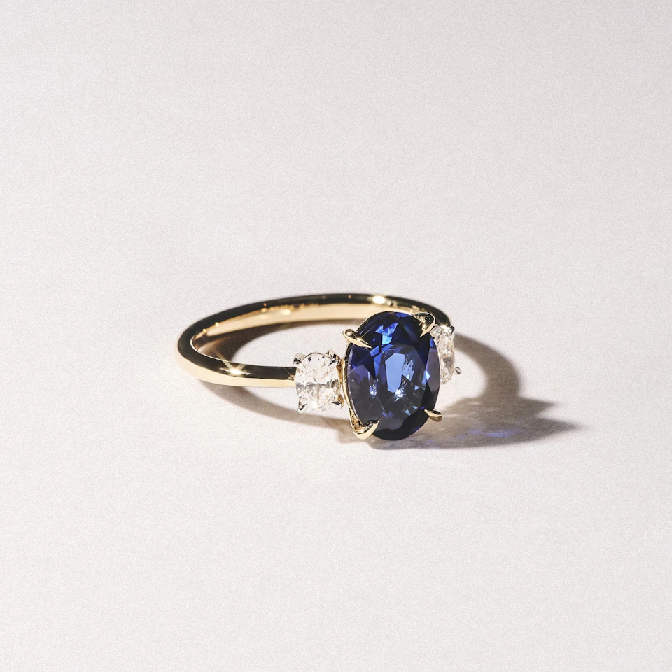 Solene 2.00ct Oval Cut Lab Sapphire and Lab Diamond 3 Stone Engament Ring in 18K Yellow Gold