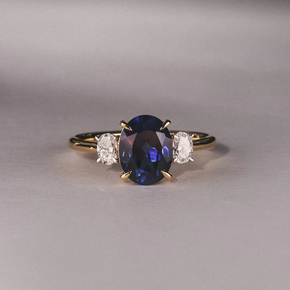Solene 2.00ct Oval Cut Lab Sapphire and Lab Diamond 3 Stone Engament Ring in 18K Yellow Gold