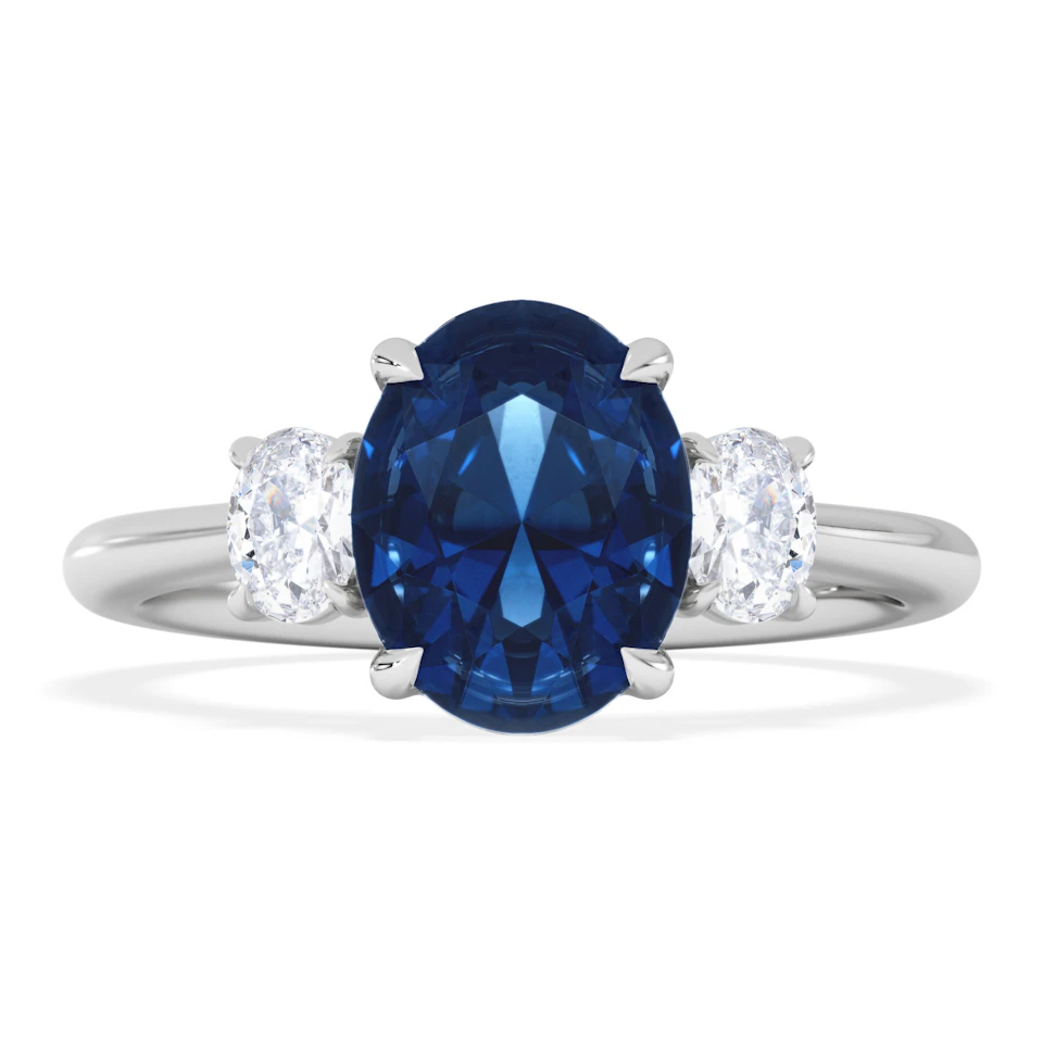 Solene 2.00ct Oval Cut Lab Sapphire and Lab Diamond  3 Stone Engament Ring in 18K White Gold