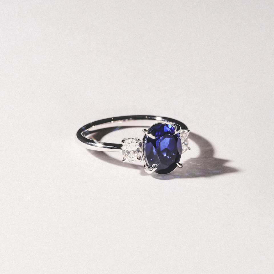 Solene 2.00ct Oval Cut Lab Sapphire and Lab Diamond  3 Stone Engament Ring in 18K White Gold