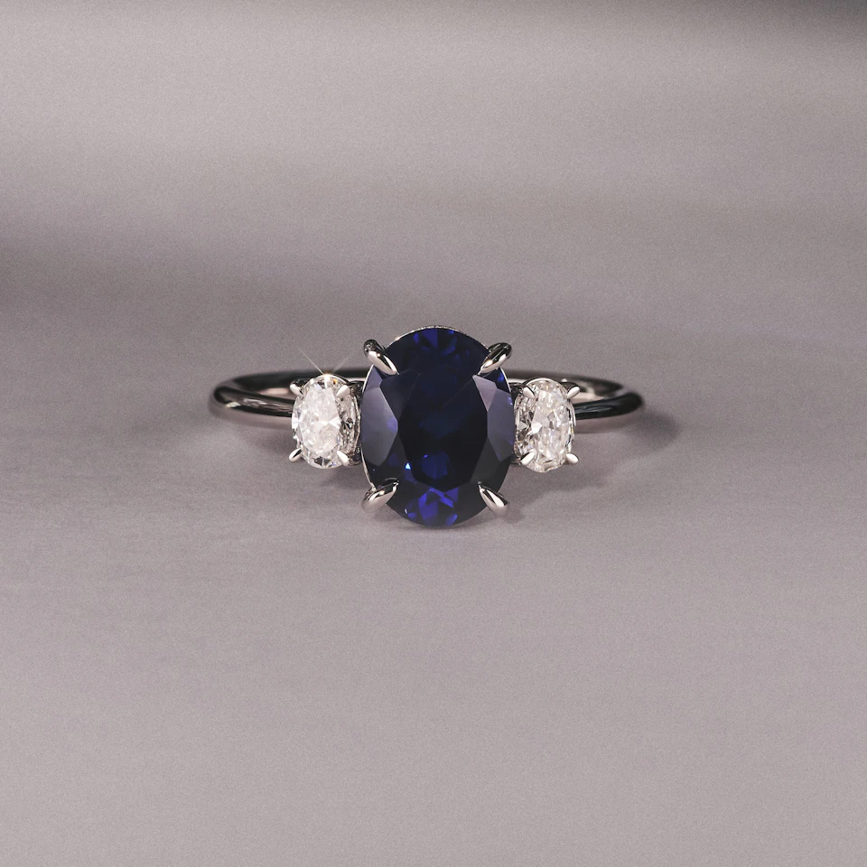 Solene 2.00ct Oval Cut Lab Sapphire and Lab Diamond  3 Stone Engament Ring in 18K White Gold
