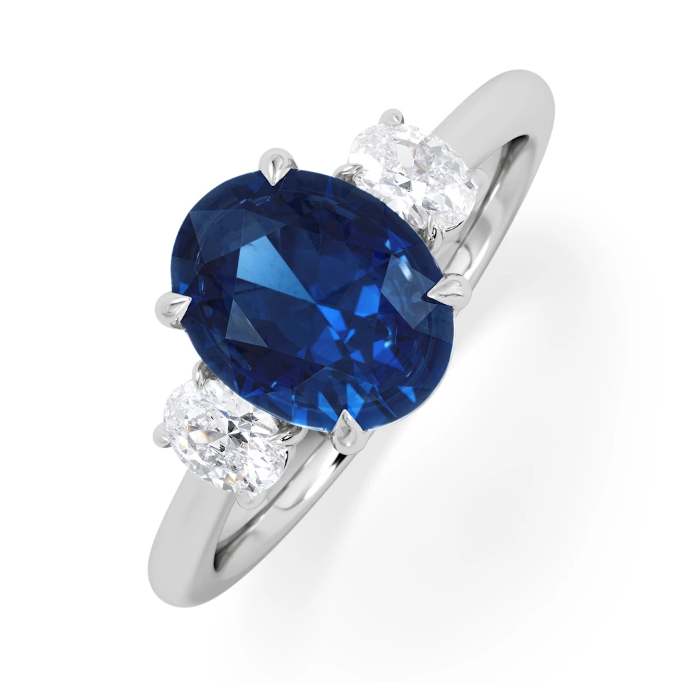 Solene 2.00ct Oval Cut Lab Sapphire and Lab Diamond  3 Stone Engament Ring in 18K White Gold