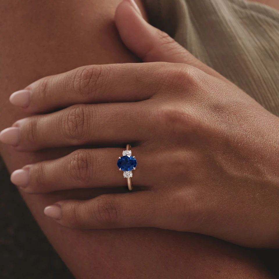 Solene 2.00ct Oval Cut Lab Sapphire and Lab Diamond  3 Stone Engament Ring in 18K White Gold