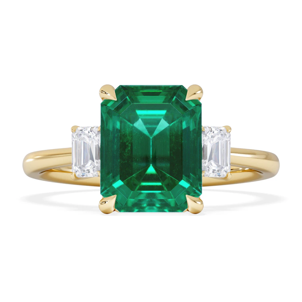 Solene 2.50ct Emerald Cut Lab Emerald and Lab Diamond 3 Stone Engagement Ring in 18K Yellow Gold