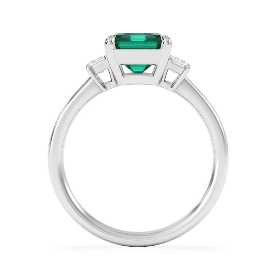 Solene 2.50ct Emerald Cut Lab Emerald and Lab Diamond 3 Stone Engagement Ring in 18K White Gold