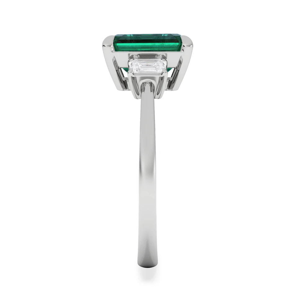 Solene 2.50ct Emerald Cut Lab Emerald and Lab Diamond 3 Stone Engagement Ring in 18K White Gold