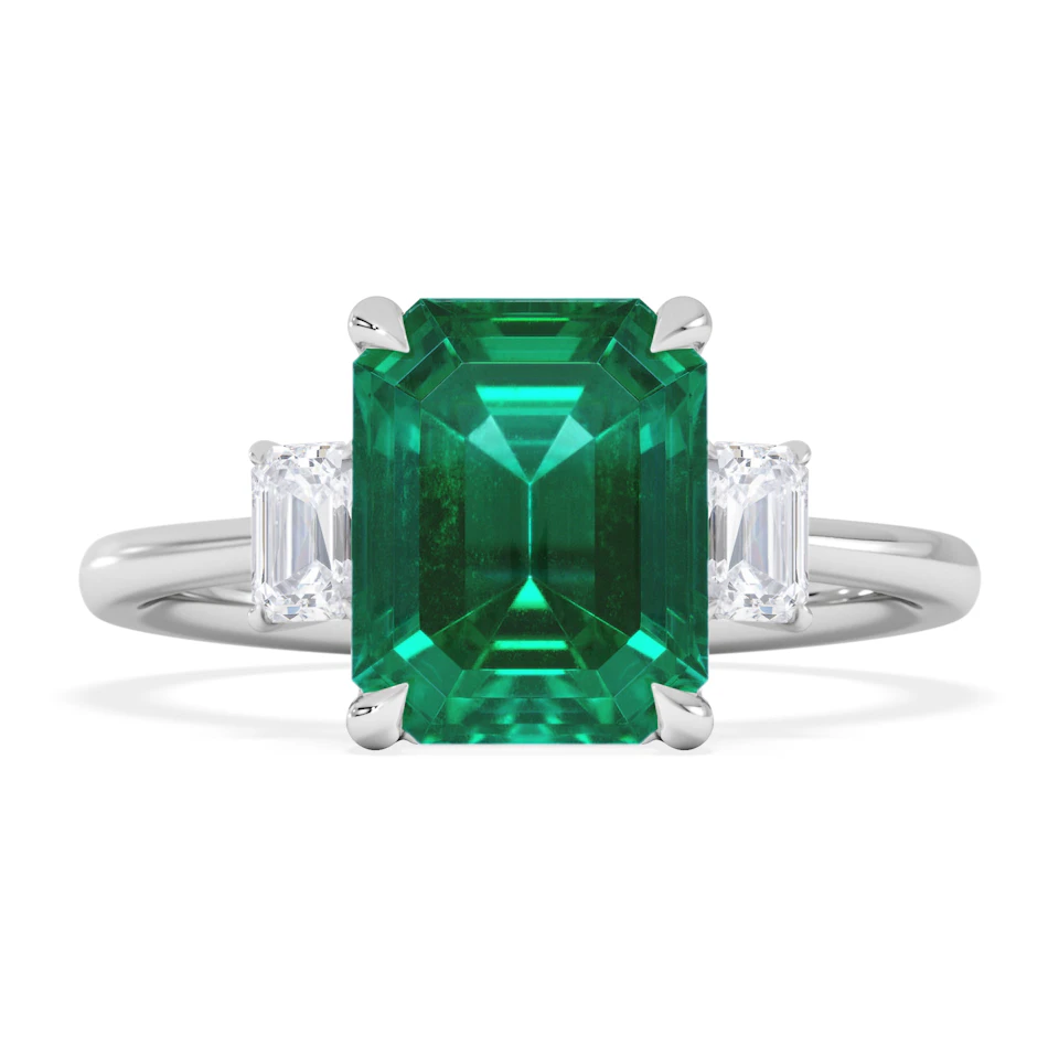 Solene 2.50ct Emerald Cut Lab Emerald and Lab Diamond 3 Stone Engagement Ring in 18K White Gold