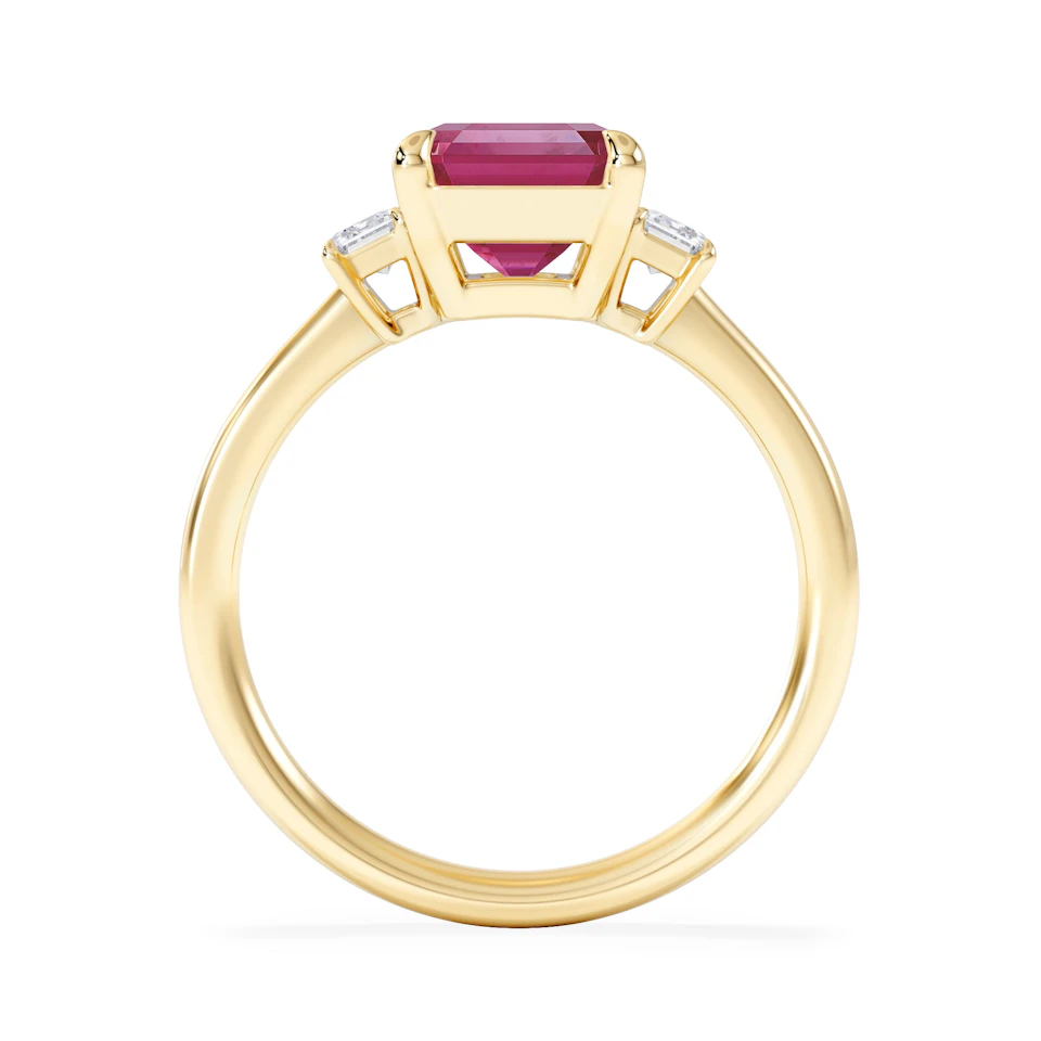 Solene 2.50ct Emerald Cut Lab Ruby and Lab Diamond 3 Stone Engagement Ring in 18K Yellow Gold