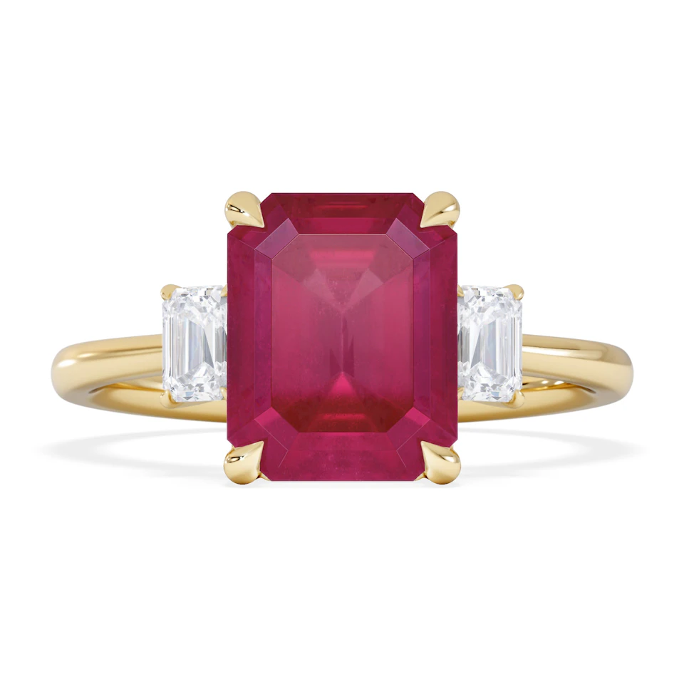 Solene 2.50ct Emerald Cut Lab Ruby and Lab Diamond 3 Stone Engagement Ring in 18K Yellow Gold