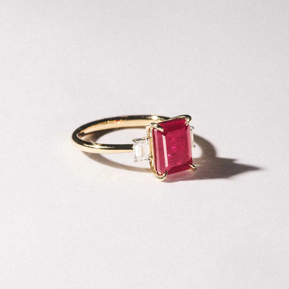 Solene 2.50ct Emerald Cut Lab Ruby and Lab Diamond 3 Stone Engagement Ring in 18K Yellow Gold