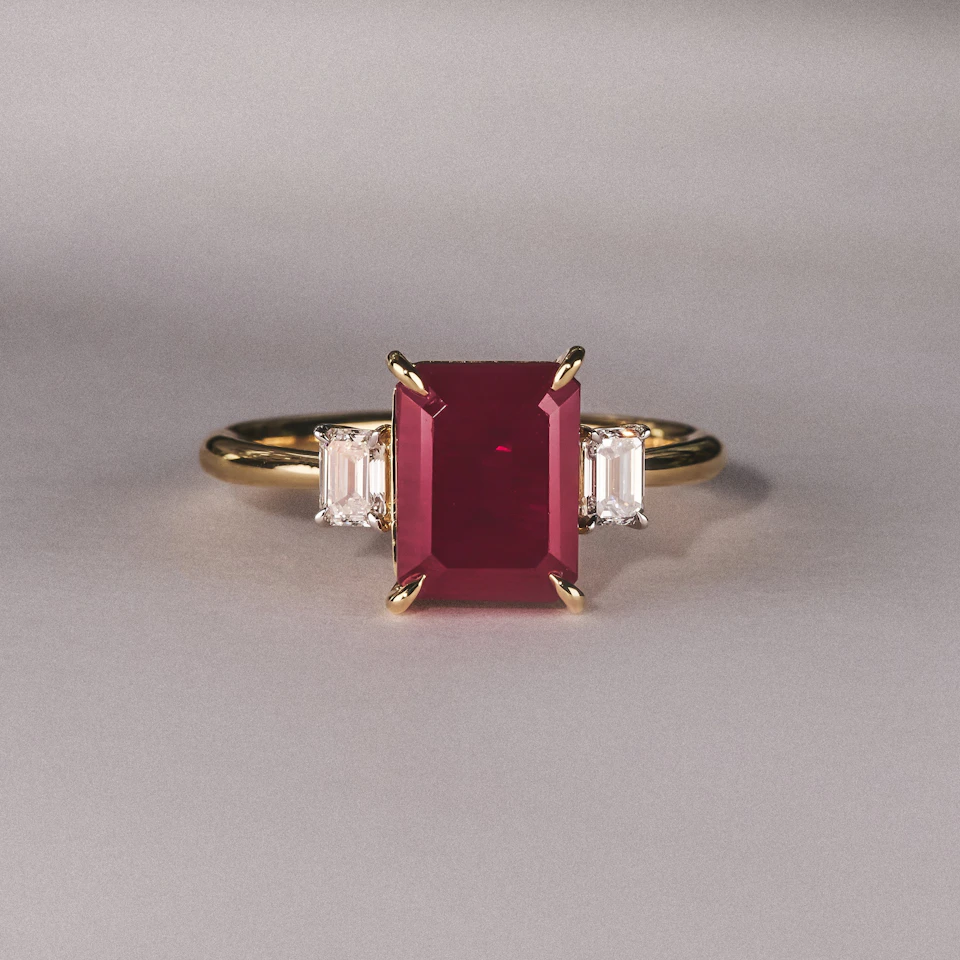 Solene 2.50ct Emerald Cut Lab Ruby and Lab Diamond 3 Stone Engagement Ring in 18K Yellow Gold