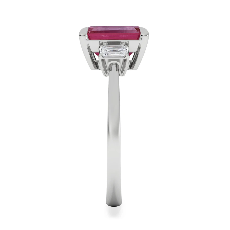 Solene 2.50ct Emerald Cut Lab Ruby and Lab Diamond 3 Stone Engagement Ring in 18K White Gold