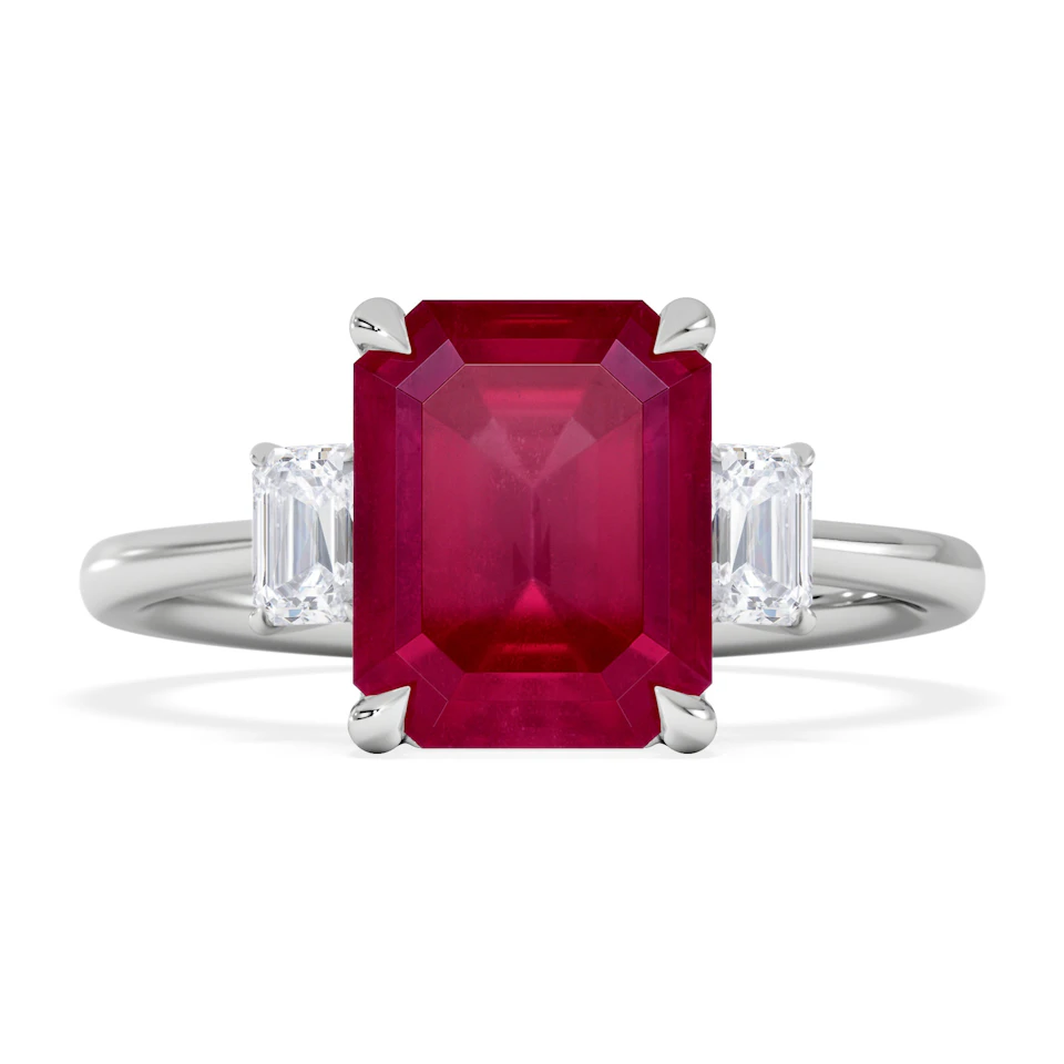 Solene 2.50ct Emerald Cut Lab Ruby and Lab Diamond 3 Stone Engagement Ring in 18K White Gold