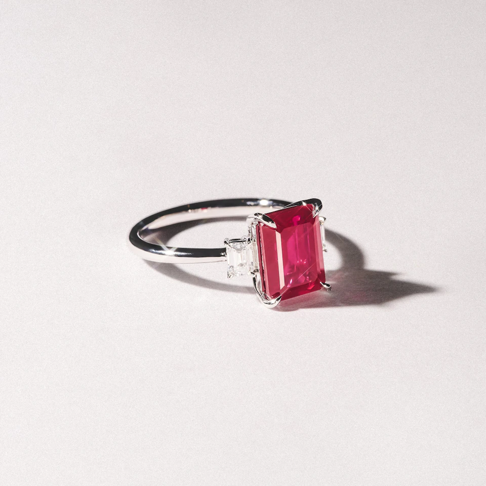 Solene 2.50ct Emerald Cut Lab Ruby and Lab Diamond 3 Stone Engagement Ring in 18K White Gold