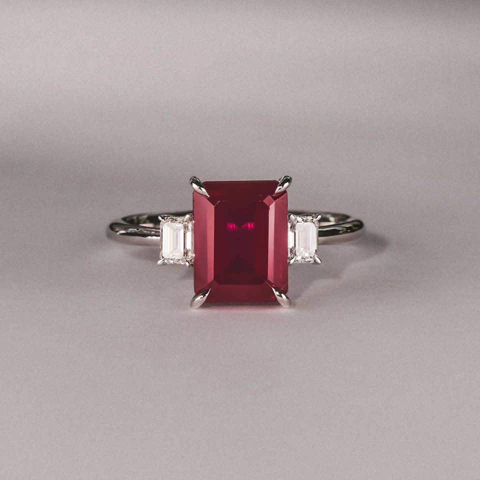 Solene 2.50ct Emerald Cut Lab Ruby and Lab Diamond 3 Stone Engagement Ring in 18K White Gold