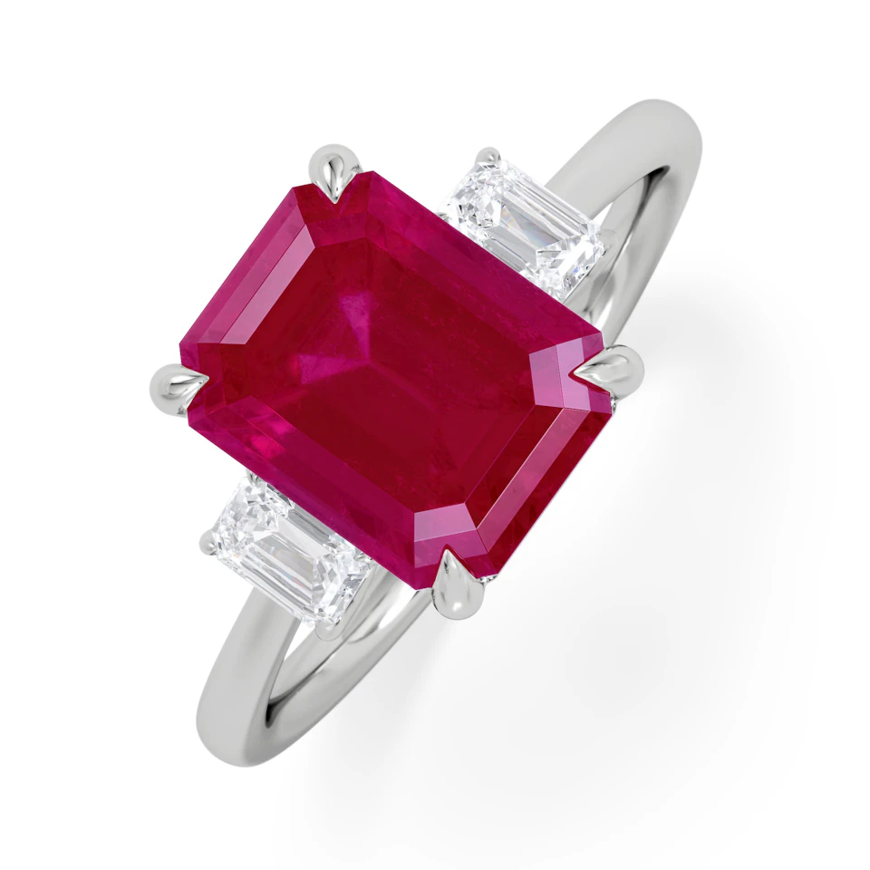 Solene 2.50ct Emerald Cut Lab Ruby and Lab Diamond 3 Stone Engagement Ring in 18K White Gold