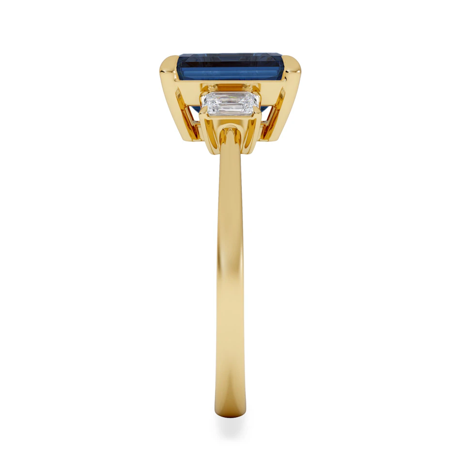 Solene 2.50ct Emerald Cut Lab Sapphire and Lab Diamond 3 Stone Engament Ring in 18K Yellow Gold