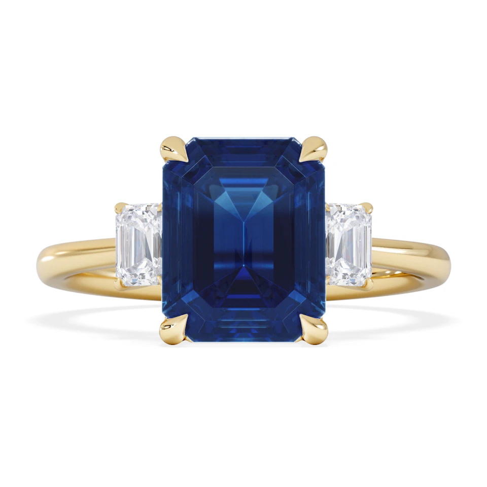 Solene 2.50ct Emerald Cut Lab Sapphire and Lab Diamond 3 Stone Engament Ring in 18K Yellow Gold