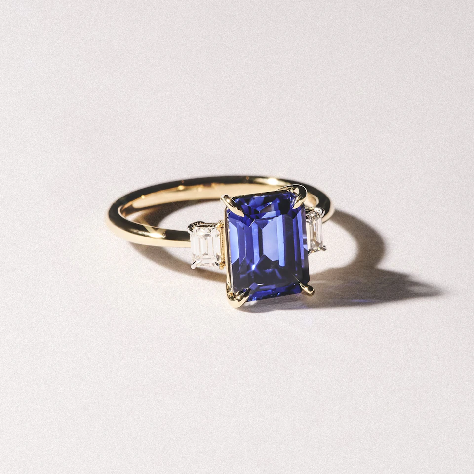 Solene 2.50ct Emerald Cut Lab Sapphire and Lab Diamond 3 Stone Engament Ring in 18K Yellow Gold