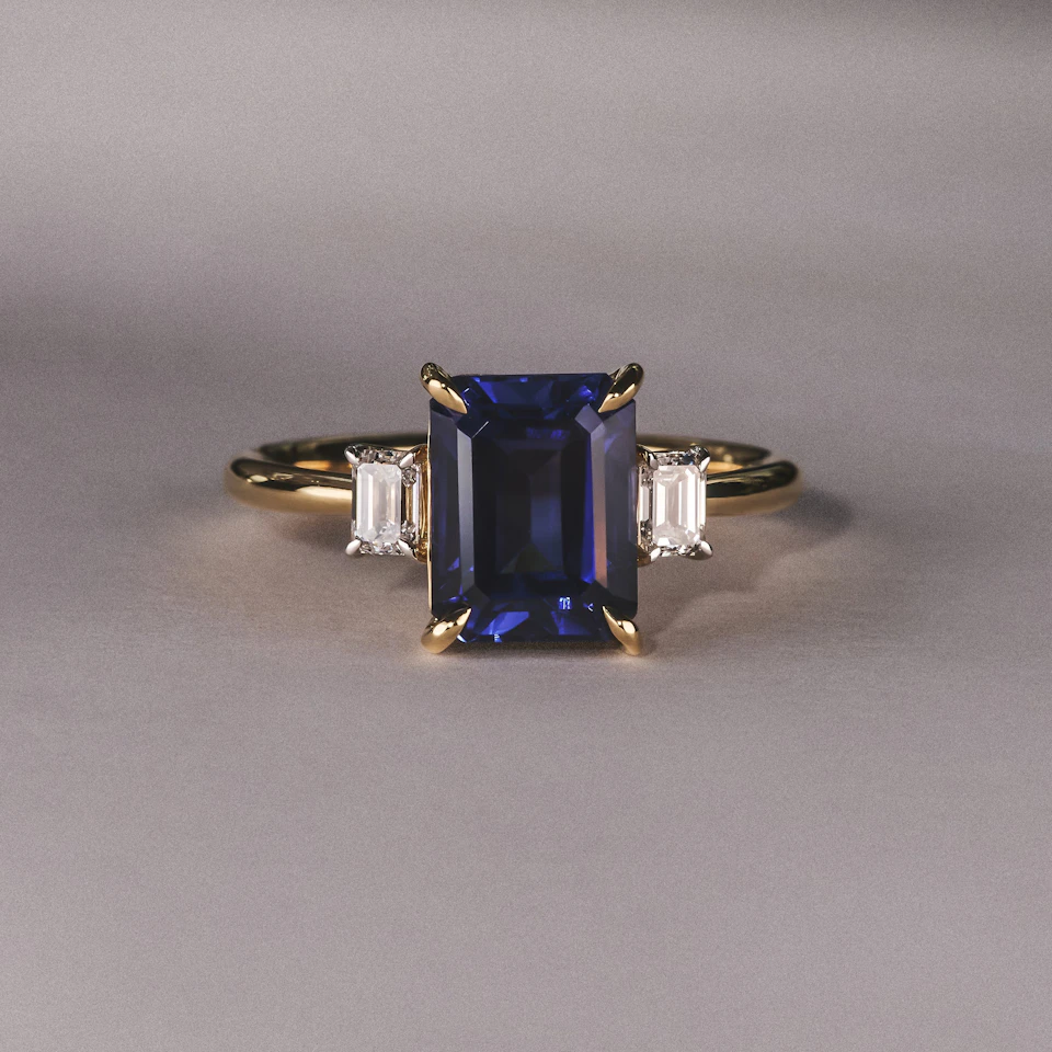Solene 2.50ct Emerald Cut Lab Sapphire and Lab Diamond 3 Stone Engament Ring in 18K Yellow Gold