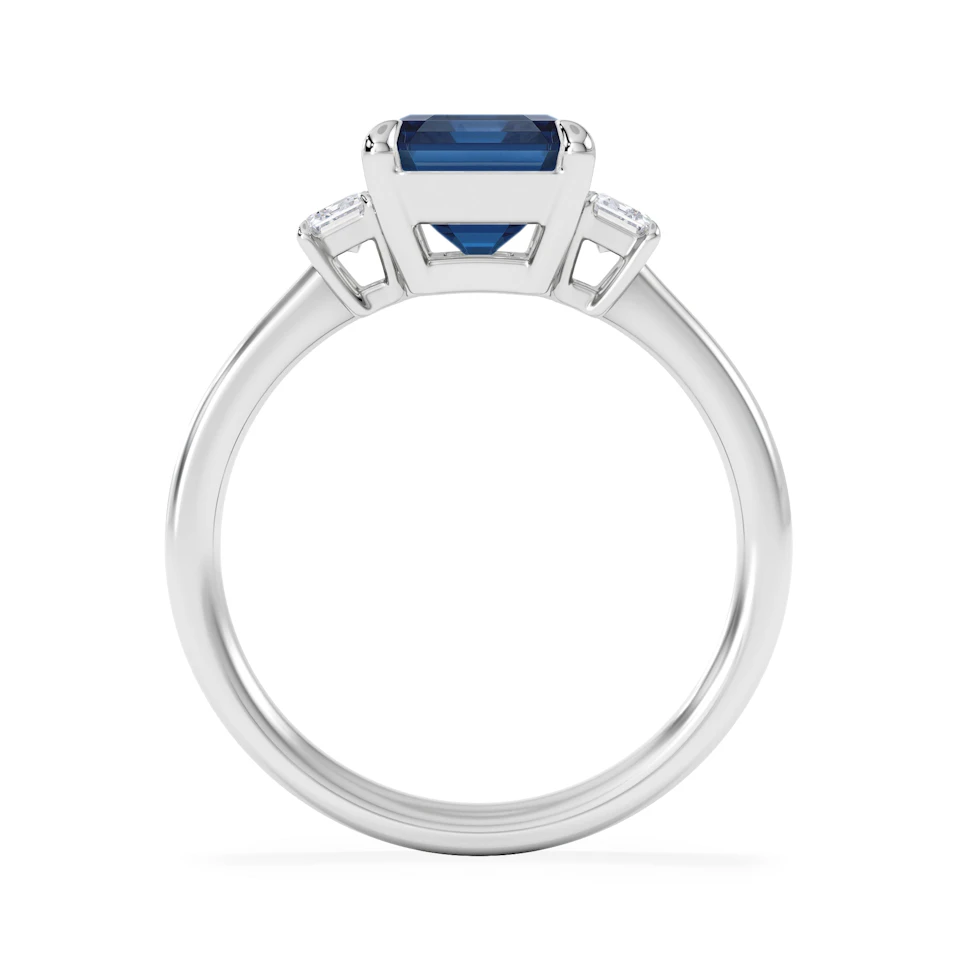 Solene 2.50ct Emerald Cut Lab Sapphire and Lab Diamond 3 Stone Engament Ring in 18K White Gold