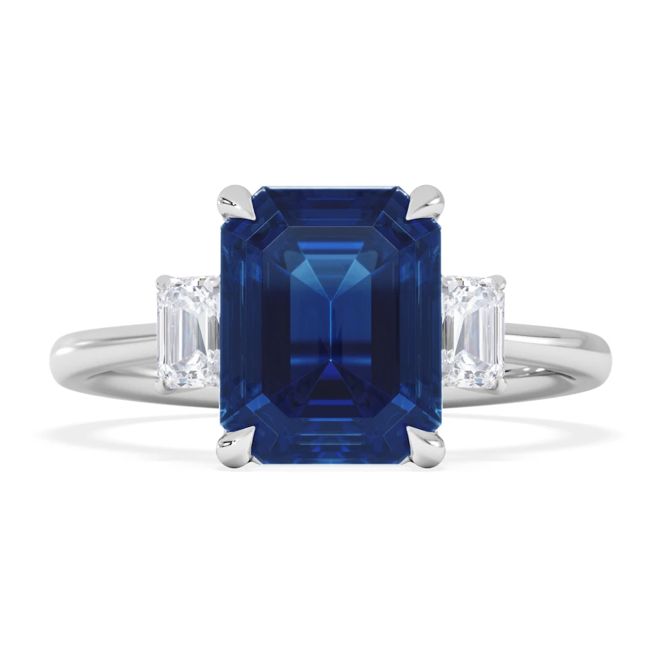 Solene 2.50ct Emerald Cut Lab Sapphire and Lab Diamond 3 Stone Engament Ring in 18K White Gold