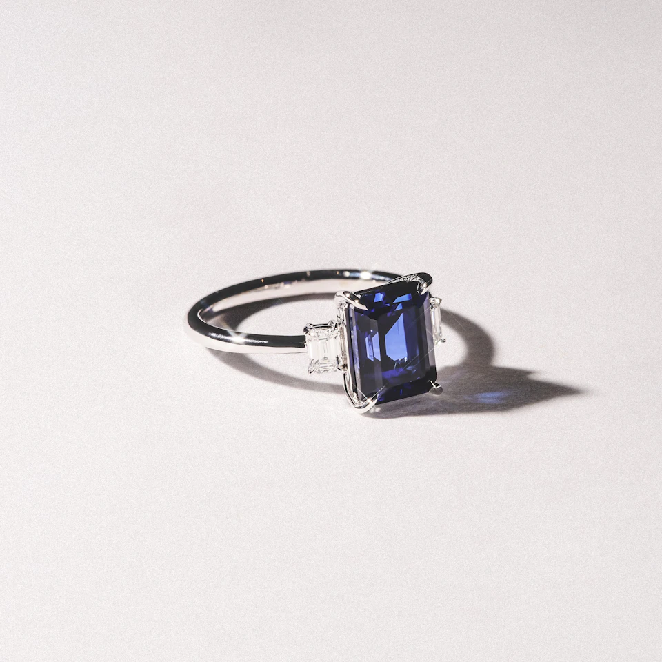 Solene 2.50ct Emerald Cut Lab Sapphire and Lab Diamond 3 Stone Engament Ring in 18K White Gold