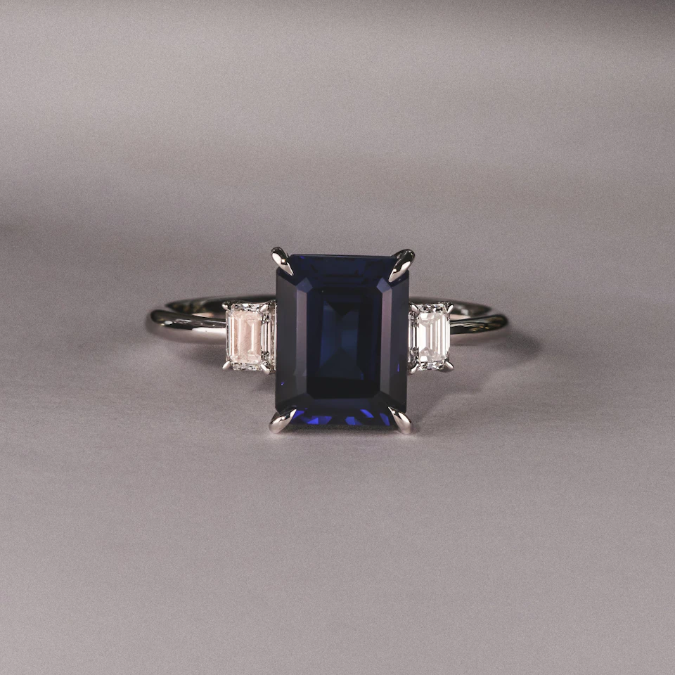 Solene 2.50ct Emerald Cut Lab Sapphire and Lab Diamond 3 Stone Engament Ring in 18K White Gold