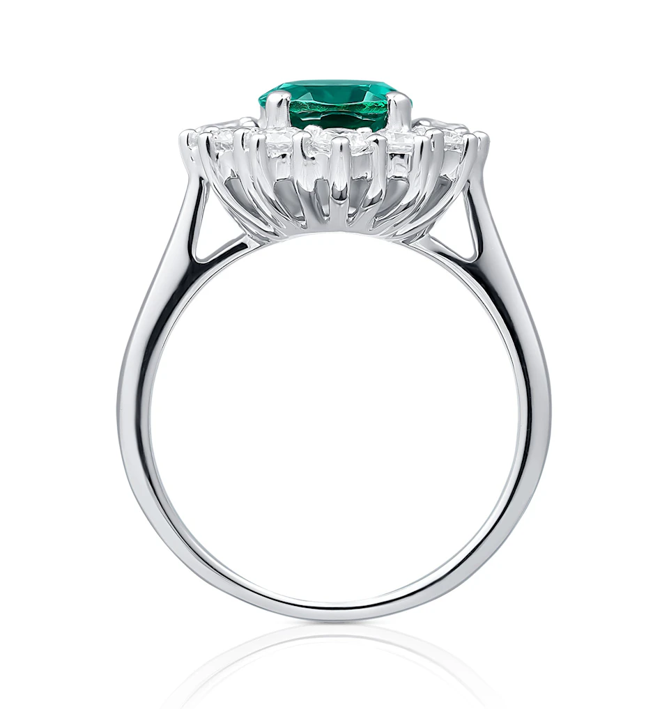 Lab Emerald 1.95CT and Lab Diamond 1.00ct Cluster Ring in 18K White Gold