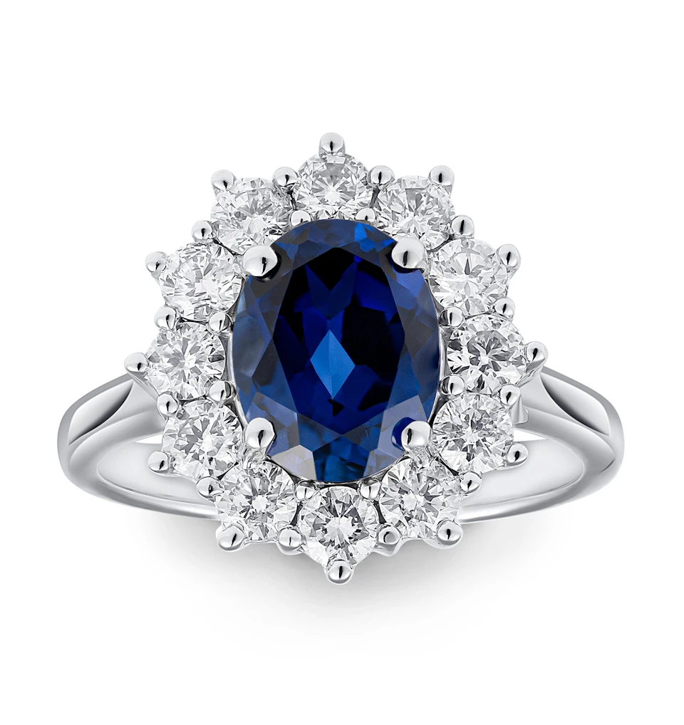 Lab Sapphire 2.3ct and Lab Diamond 1ct Cluster Ring in 18K White Gold