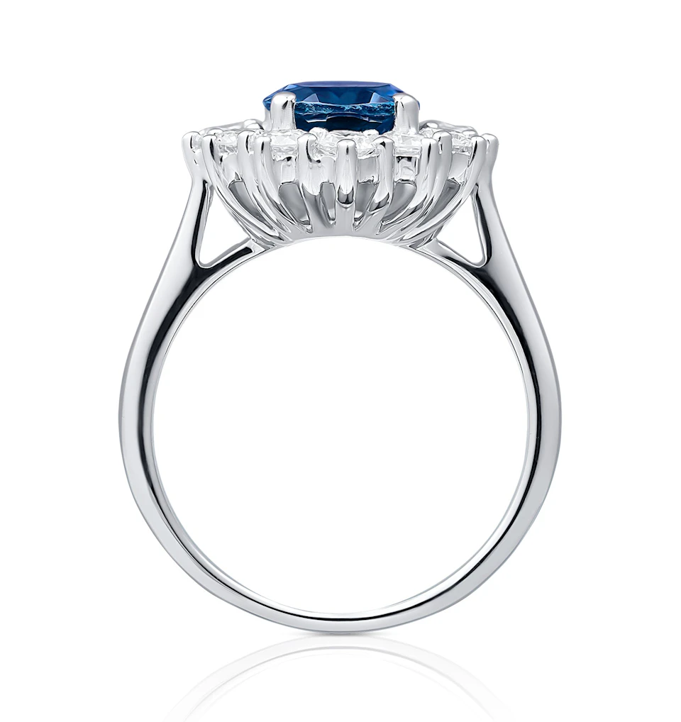 Lab Sapphire 2.3ct and Lab Diamond 1ct Cluster Ring in 18K White Gold
