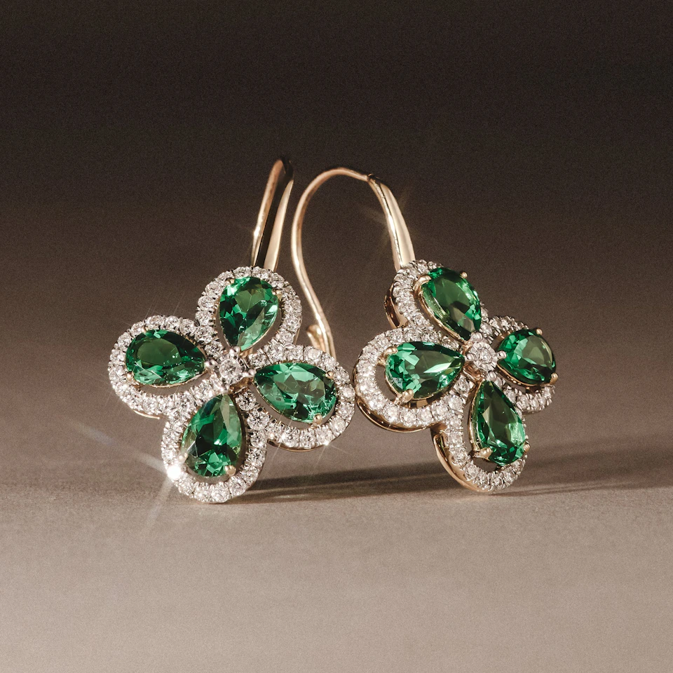Bloom 4.75ct Lab Emerald and Lab Diamond Earrings in 18K Yellow Gold