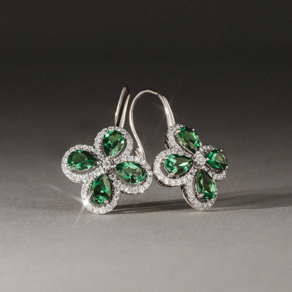 Bloom 4.75ct Lab Emerald and Lab Diamond Earrings in 18K White Gold