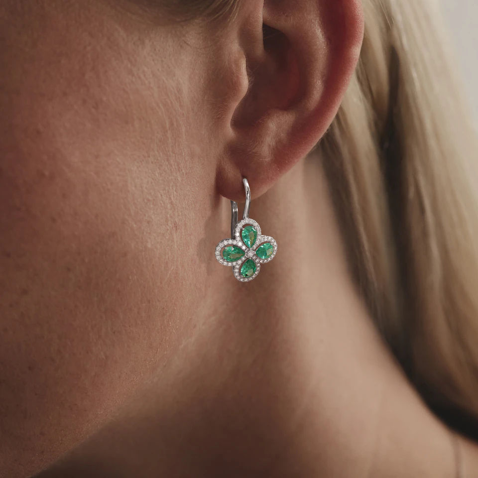 Bloom 4.75ct Lab Emerald and Lab Diamond Earrings in 18K White Gold