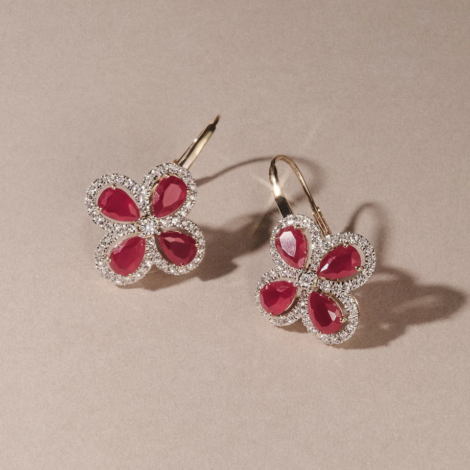 Bloom 4.75ct Lab Ruby and Lab Diamond Earrings in 18K Yellow Gold