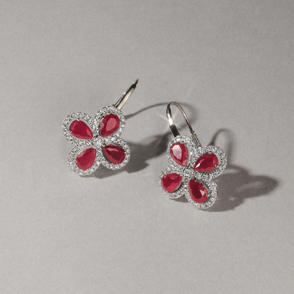 Bloom 4.75ct Lab Ruby and Lab Diamond Earrings in 18K White Gold