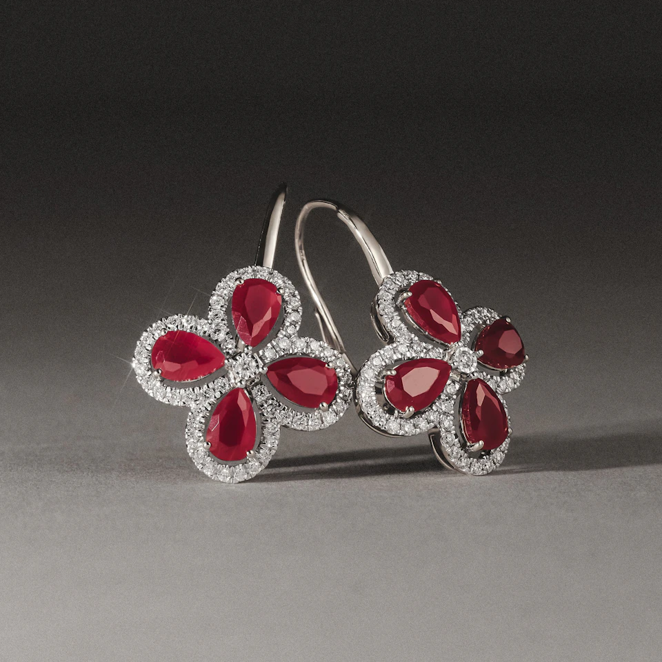 Bloom 4.75ct Lab Ruby and Lab Diamond Earrings in 18K White Gold