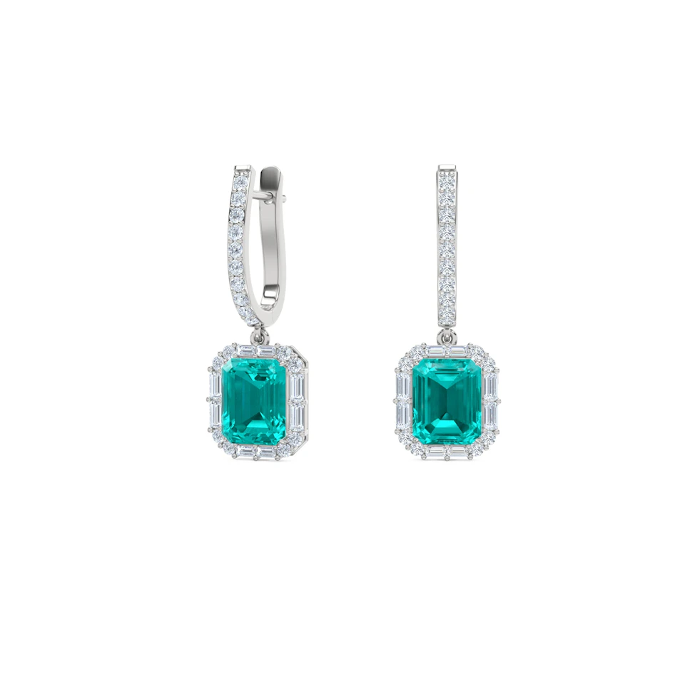 8.00ct Emerald Cut Lab Paraíba Halo Drop Earrings in 14K White Gold