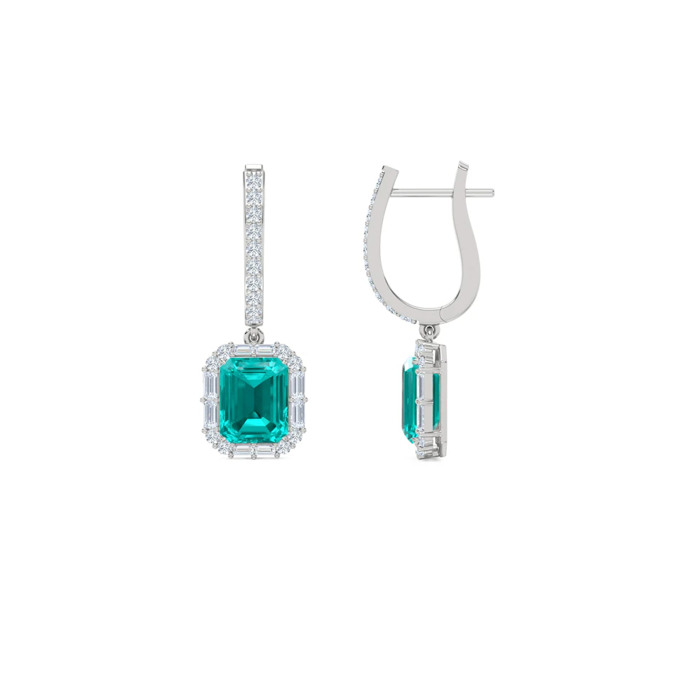 8.00ct Emerald Cut Lab Paraíba Halo Drop Earrings in 14K White Gold