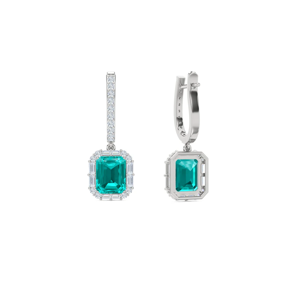 8.00ct Emerald Cut Lab Paraíba Halo Drop Earrings in 14K White Gold