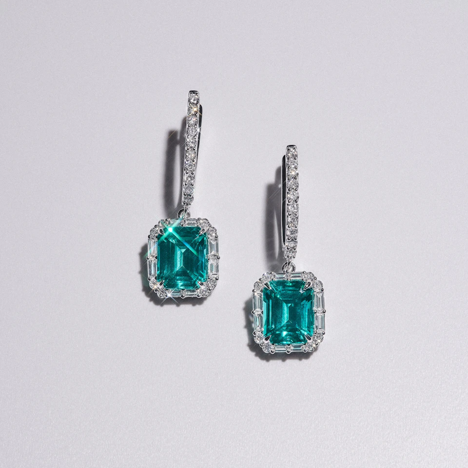 8.00ct Emerald Cut Lab Paraíba Halo Drop Earrings in 14K White Gold