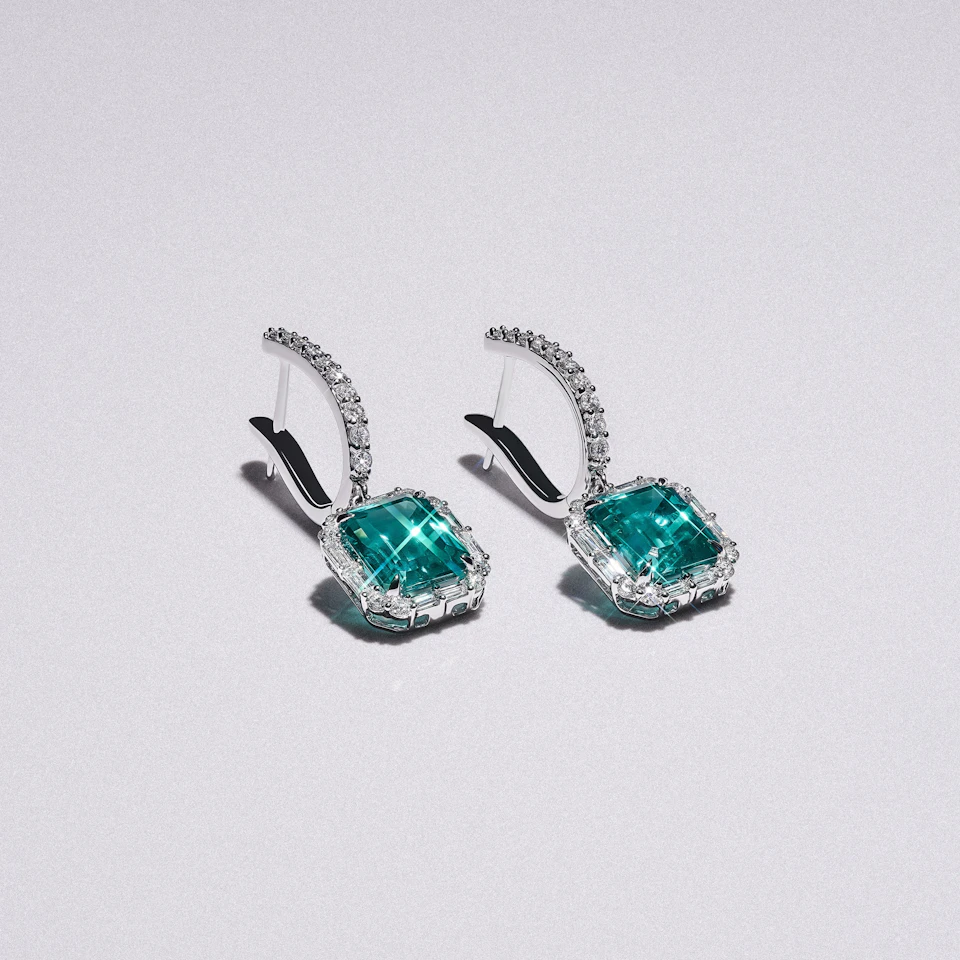 8.00ct Emerald Cut Lab Paraíba Halo Drop Earrings in 14K White Gold